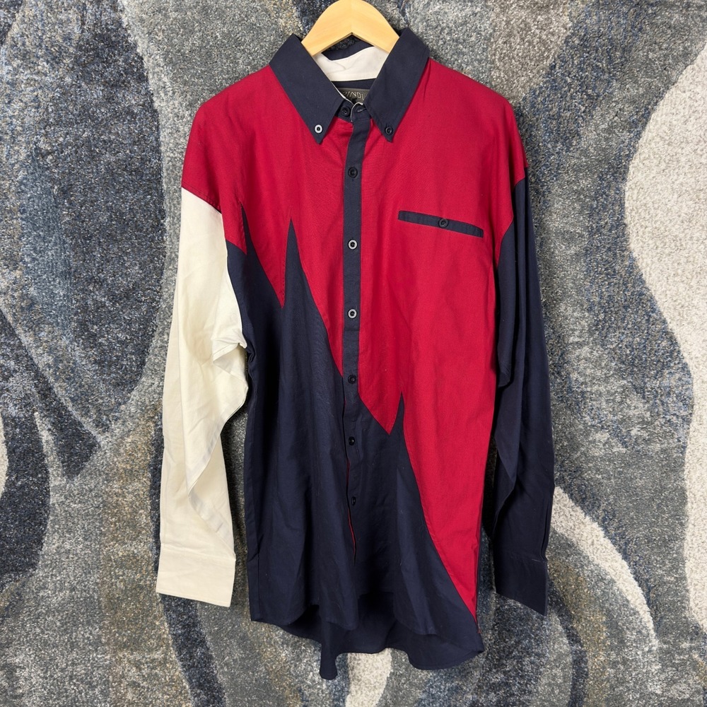 Vintage Spindle River Colorblock Shirt Mens XL Red Navy Blue 90s Geometric Retro
